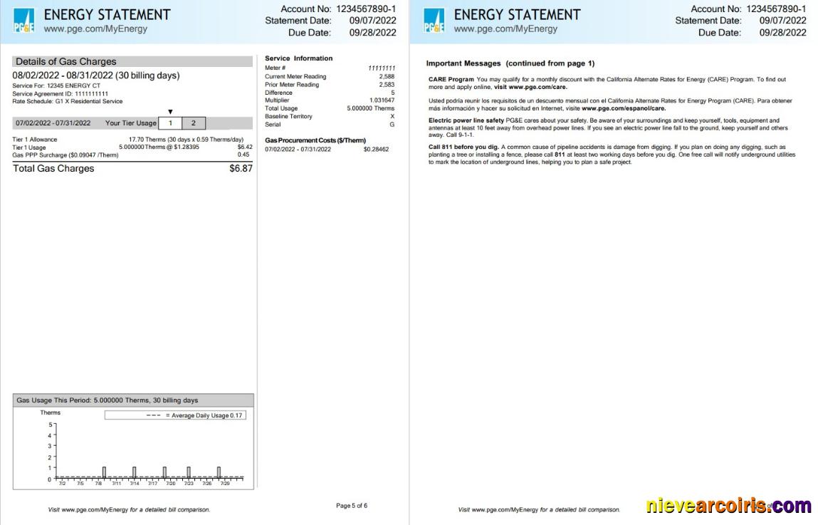 USA California PG&E Pacific Gas and Electric Company utility bill, 6 pages 5 6